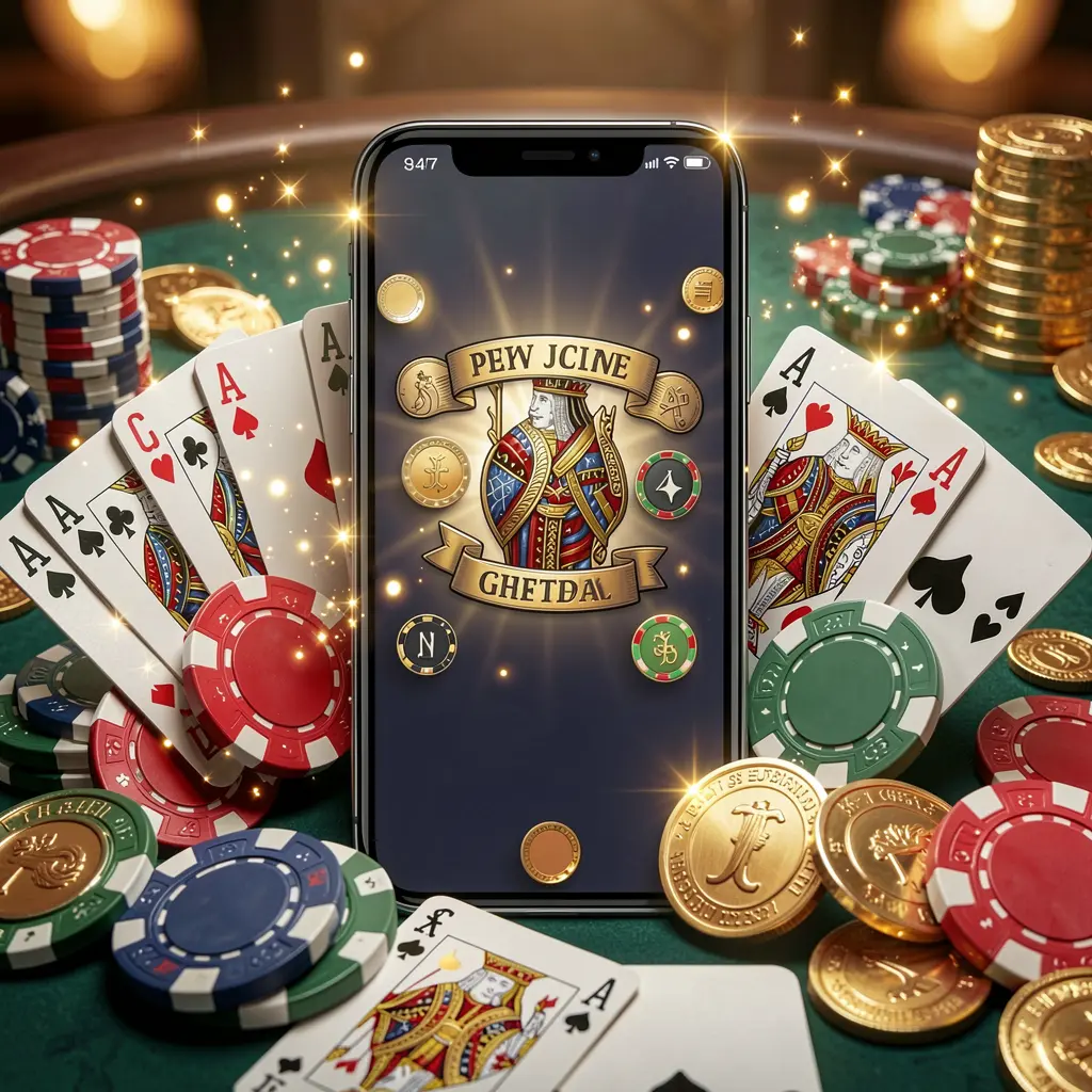 OCEANJILI mobile gaming application concept featuring a smartphone surrounded by playing cards, roulette chips, gold coins, and sparkling lights in a premium casino style