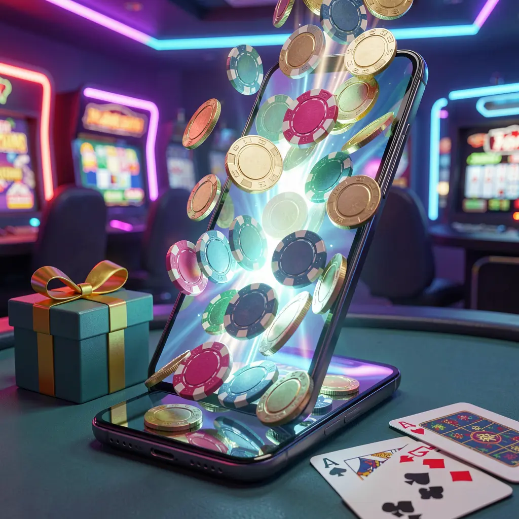OCEANJILI mobile casino bonus scene with a modern smartphone displaying glowing casino chips and coins emerging from the screen, surrounded by a gift box and playing cards in a bright neon casino atmosphere