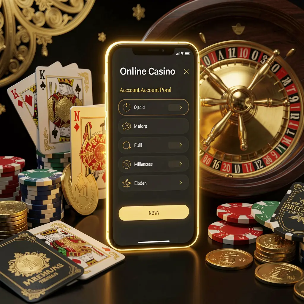 OCEANJILI online casino account portal with glowing smartphone displaying premium cards, chips, roulette wheel, and coins against a black and gold background with cinematic lighting in a realistic 3D render