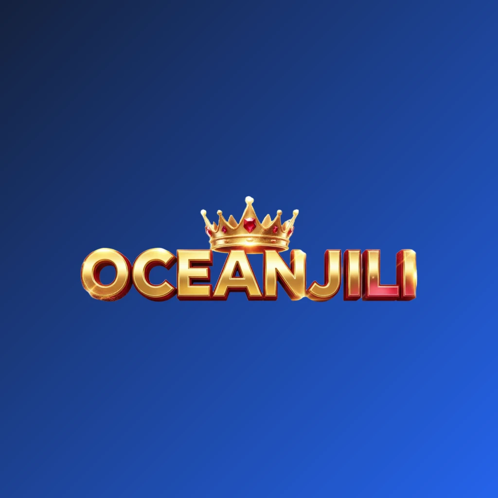 Dynamic casino-style horizontal rectangular wordmark logo for OCEANJILI with massive bold lettering in bright gold and crimson colors, featuring a glowing crown and sparkling light effects on a transparent background