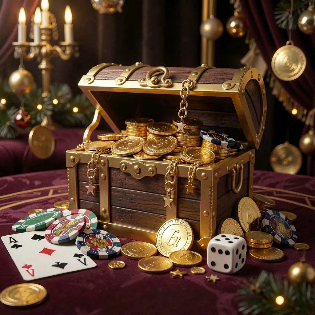 OCEANJILI online casino welcome banner featuring a treasure chest filled with golden coins and casino chips, playing cards and dice nearby against a dark luxury background with a festive premium atmosphere